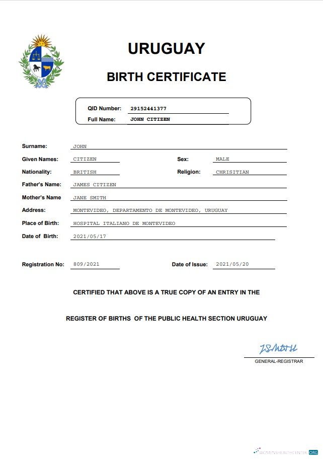 Download Uruguay vital record birth certificate Word and PDF template Photoshop template
